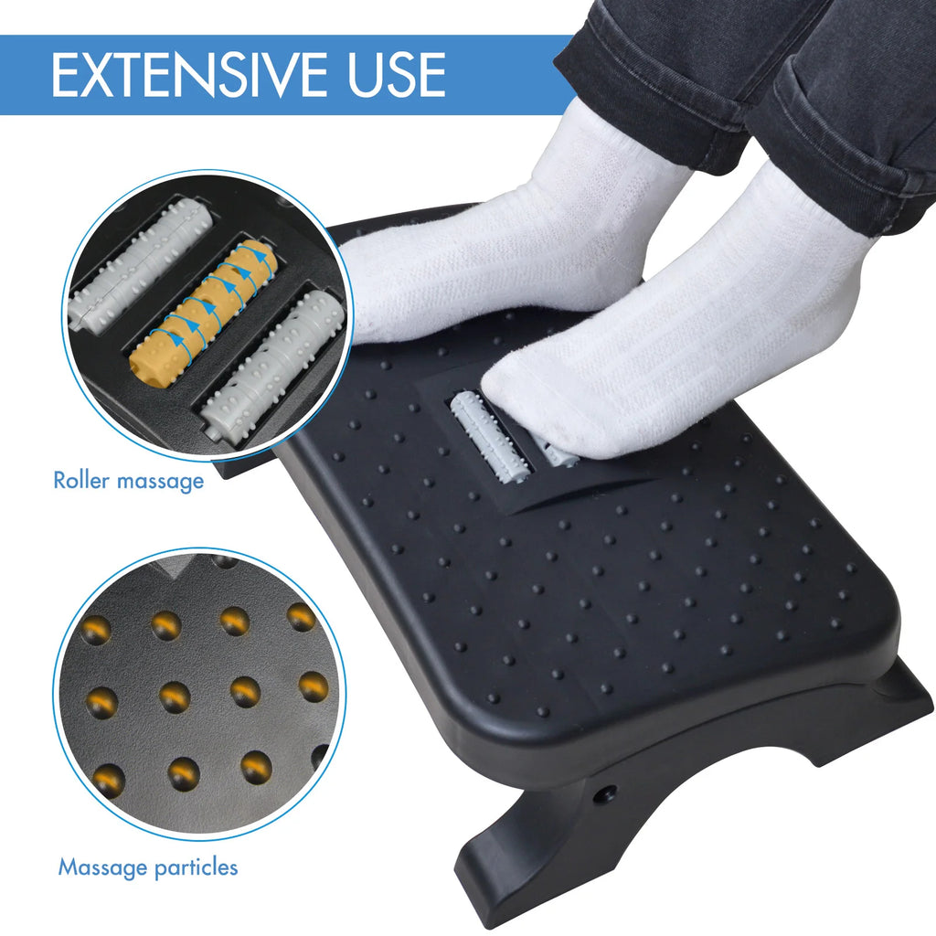 Ergonomic Under Desk Footrest with Massage Rollers, Plastic Foot Stool, Non-Slip, for Home or Office