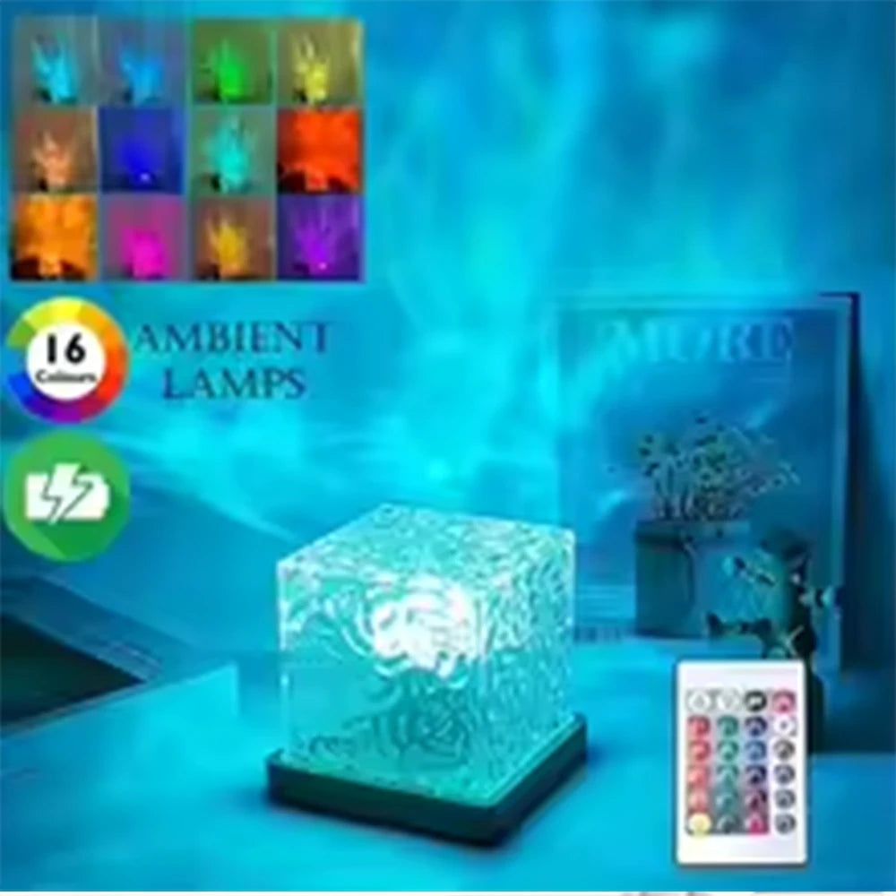 HOMEFISH RGB 16-Color Ocean Wave Aurora Projector Night Light with Remote, Rechargeable Table Lamp