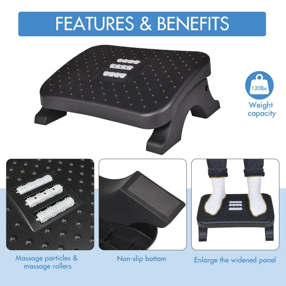 Ergonomic Under Desk Footrest with Massage Rollers, Adjustable Height, 120 lbs Capacity, 28 x 7 x 39