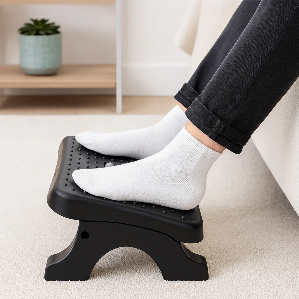 Ergonomic Under Desk Footrest with Massage Rollers, Adjustable Height, 120 lbs Capacity, 28 x 7 x 39