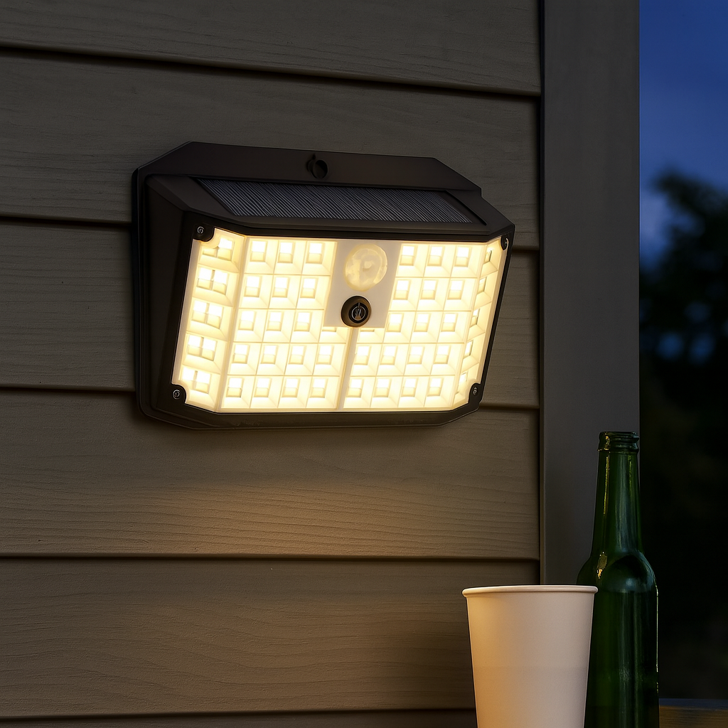 Outdoor Solar Motion Sensor Security Lights, IP65 Waterproof, 3 Lighting Modes, Powered Wall Lights